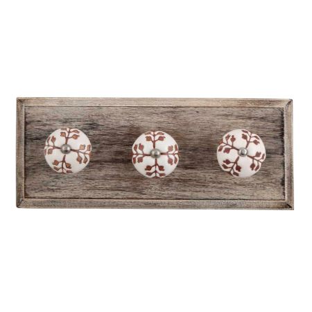 Brown Leaf Cut Flower Etched Ceramic Wooden Hooks